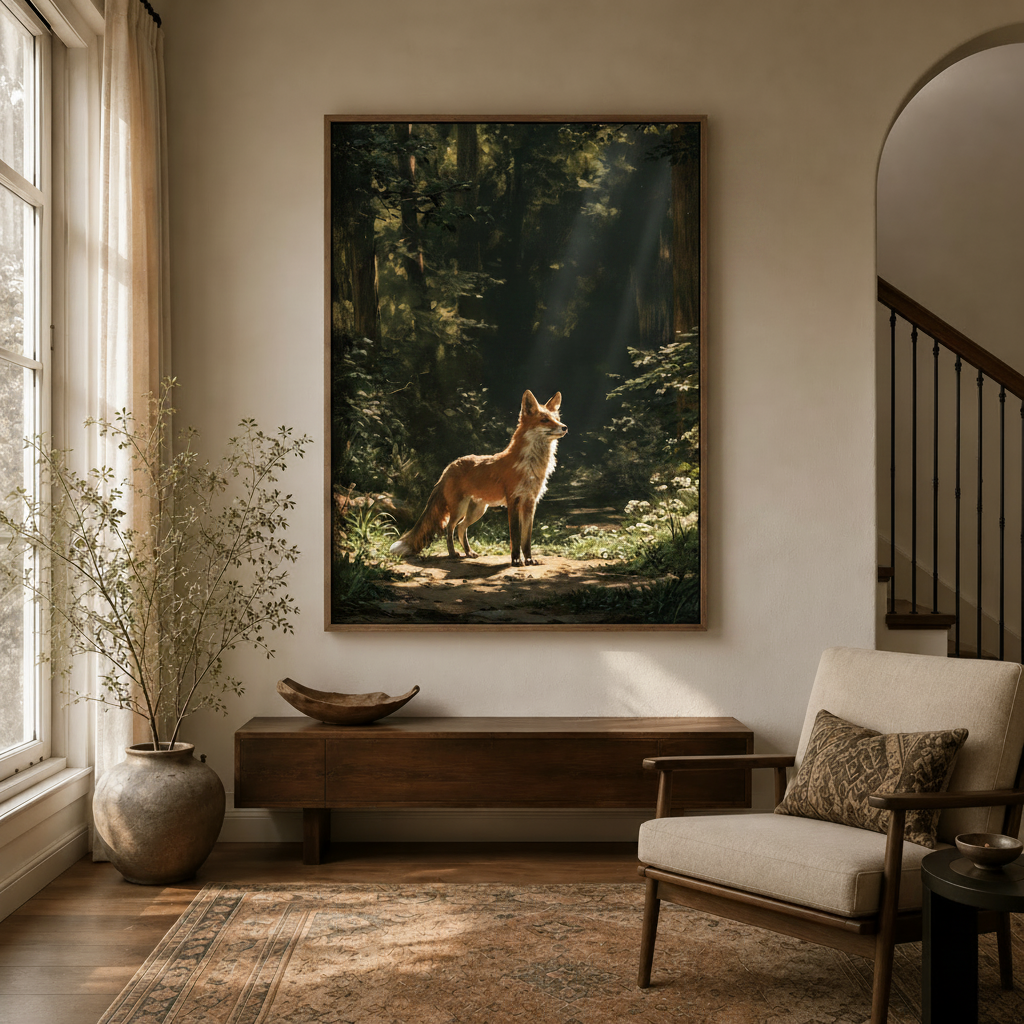 Red fox forest canvas art in walnut frame above console table in warm neutral entryway with arched staircase and natural light