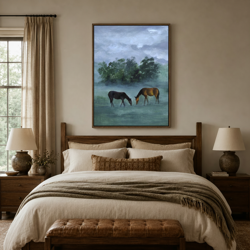 Framed two horses grazing canvas art above rustic wooden bed in farmhouse bedroom with ceramic lamps and linen bedding