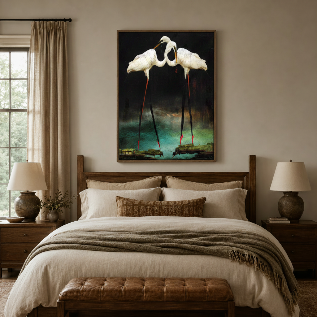 Framed dark egret wildlife canvas art above wooden bed in moody farmhouse bedroom with ceramic lamps and linen bedding