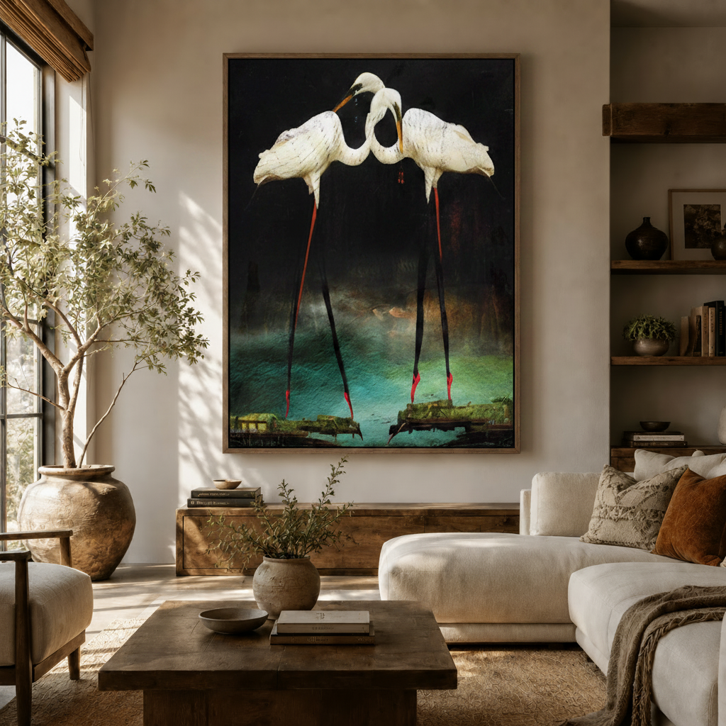 Large two egrets surrealist canvas print on living room wall above cream sofa with olive tree and rustic wood shelving