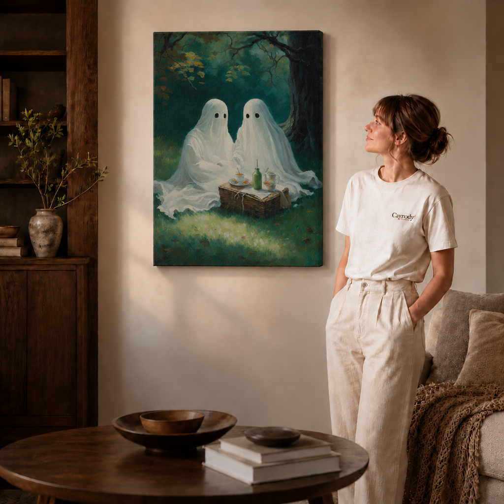 Atmospheric Halloween canvas wall art showing a luminous ghost framed by an old window and dusky room.