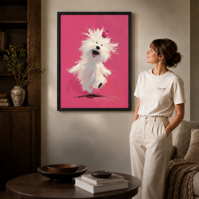 White dog canvas art in a black frame beside a woman in a white shirt.