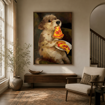 Funny dog eating pizza oil painting canvas in walnut frame above console in warm neutral entryway with arched staircase
