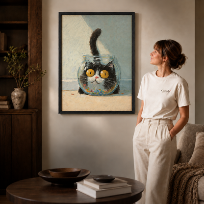 Cat in a glass bowl artwork shown in a black frame beside a woman in a white shirt.