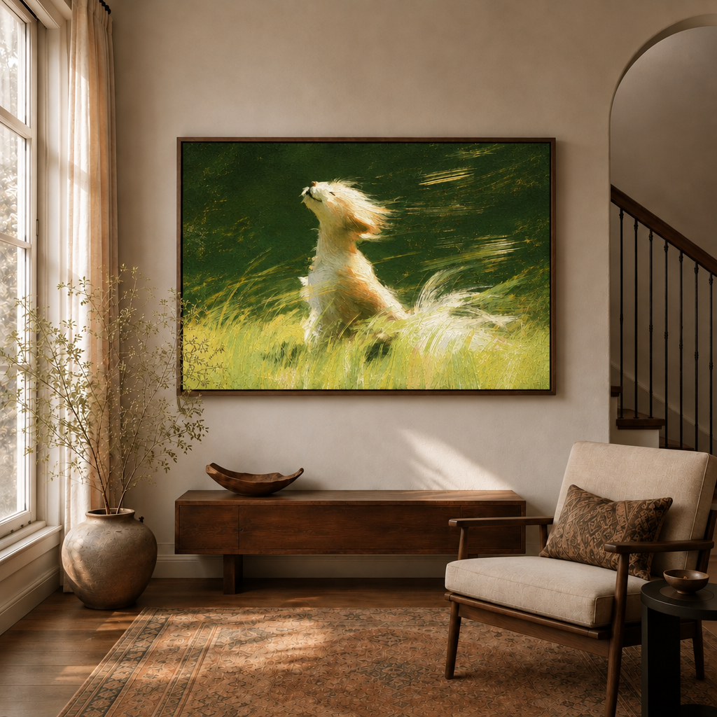 Windblown dog canvas wall art displayed in a warm neutral living room