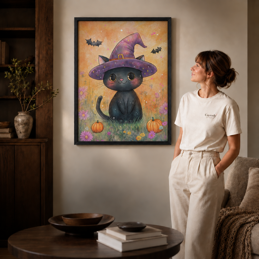 Woman leaning near a sofa beside a black framed witch cat Halloween canvas print in a cozy living room