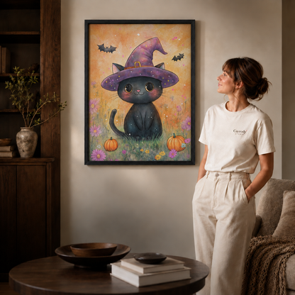 Woman leaning near a sofa beside a black framed witch cat Halloween canvas print in a cozy living room