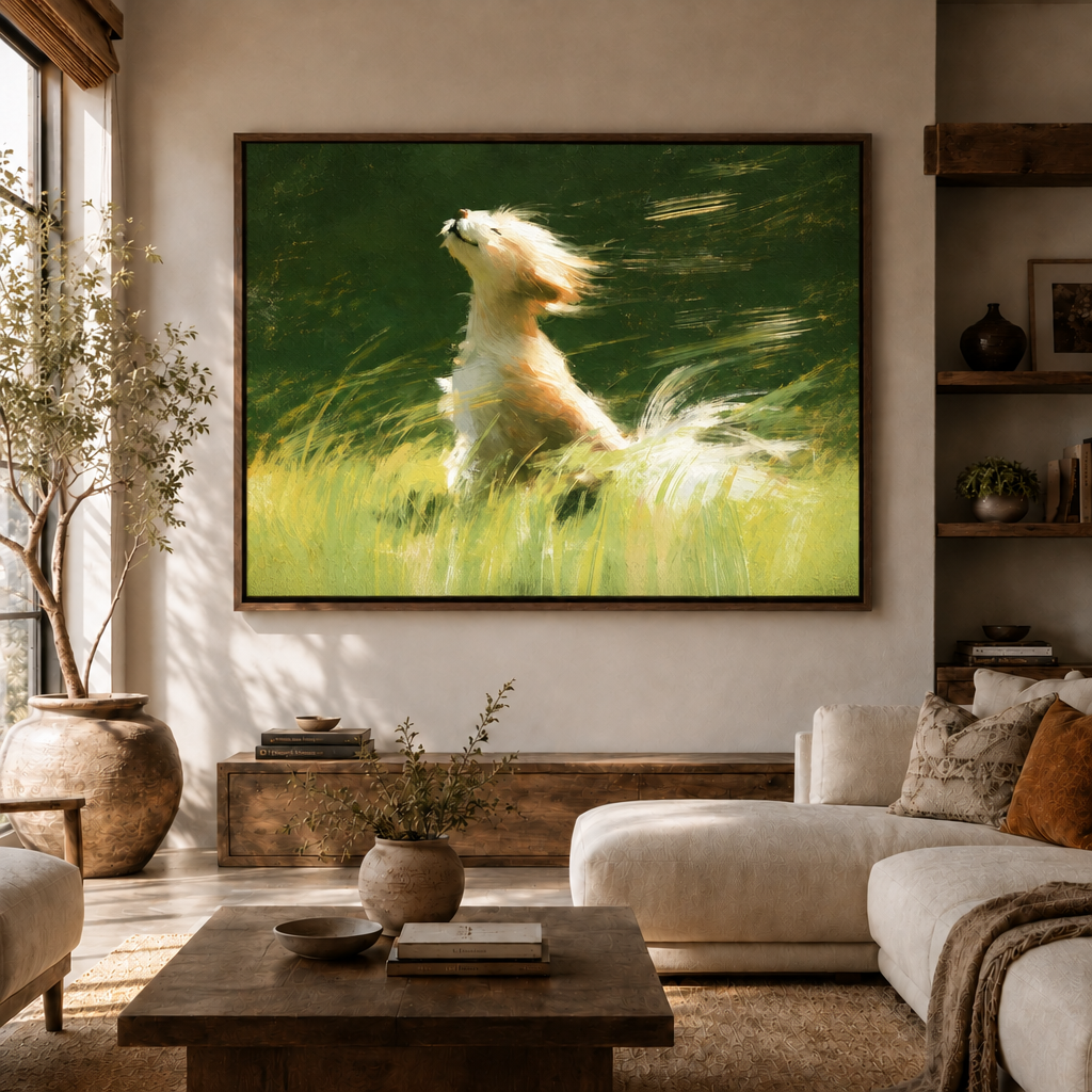 Expressive dog painting with green tones above a modern cream sofa