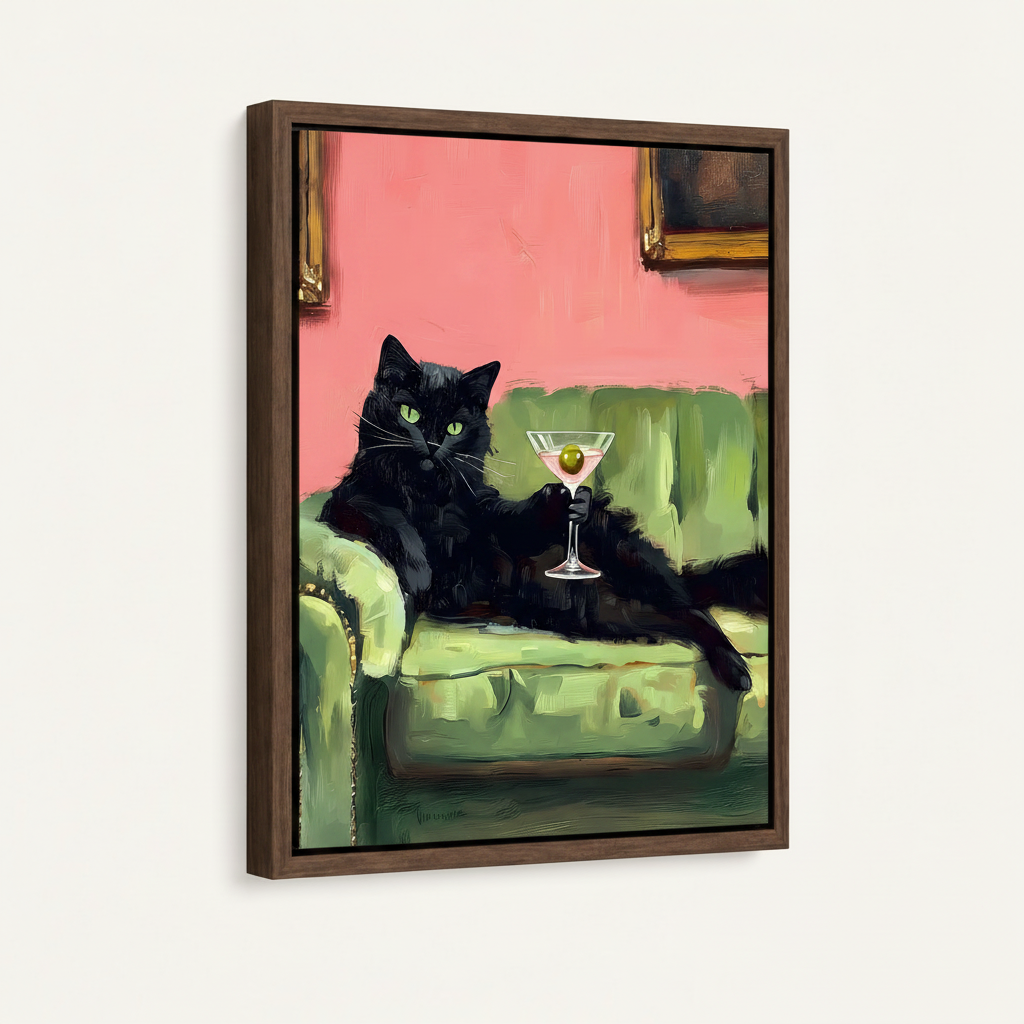 Dark walnut framed black cat martini canvas art product mockup on white background at left-angle view