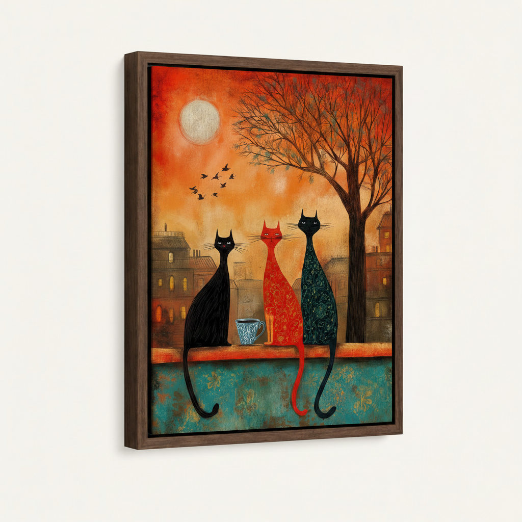 Dark walnut framed three cats moon night folk art canvas mockup on white background at left-angle view