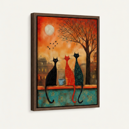 Dark walnut framed three cats moon night folk art canvas mockup on white background at left-angle view