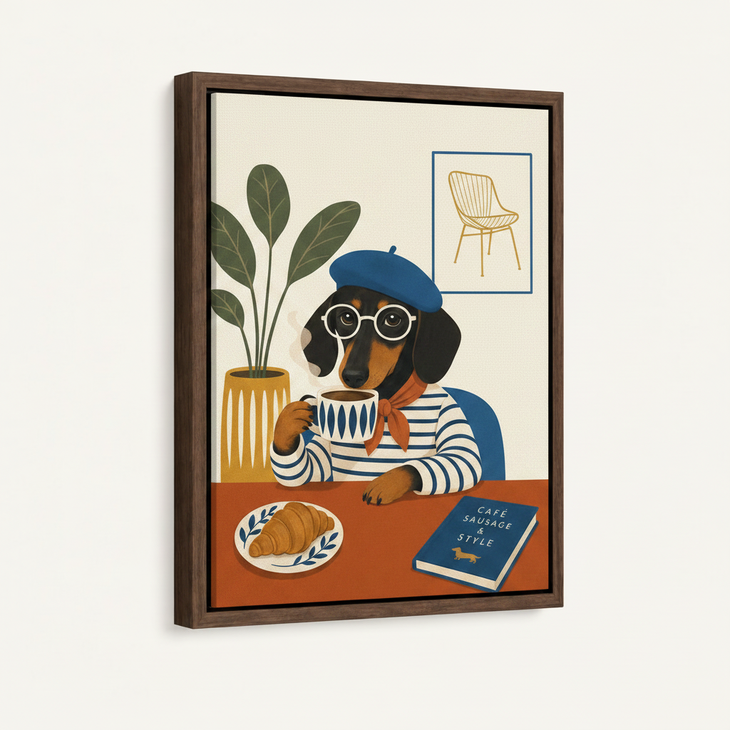 Dark walnut framed French dachshund café canvas art product mockup on white background at left-angle view