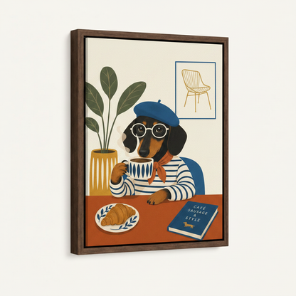 Dark walnut framed French dachshund café canvas art product mockup on white background at left-angle view