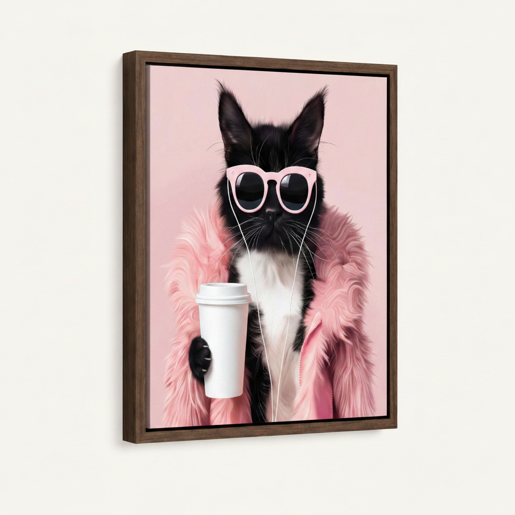 Dark walnut framed fashionable cat canvas art product mockup on white background at left-angle view