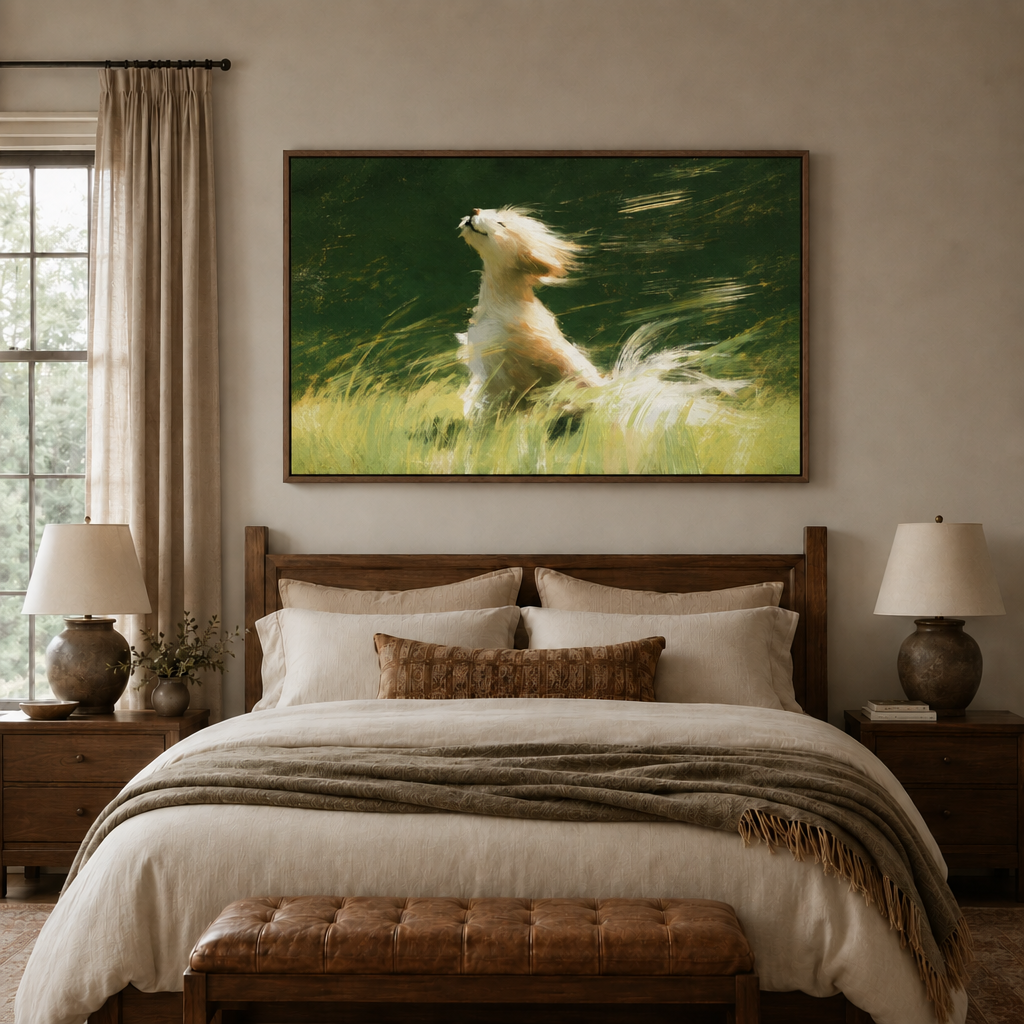 Impressionist windblown dog artwork displayed above a cozy wooden bed
