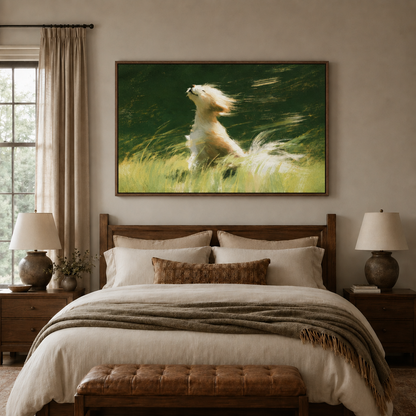 Impressionist windblown dog artwork displayed above a cozy wooden bed