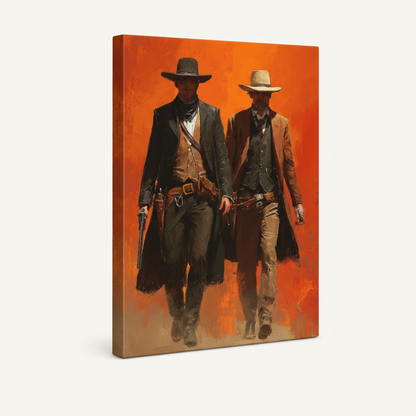 Gallery-wrapped canvas of Western cowboys in orange-red palette, angled 3D product view