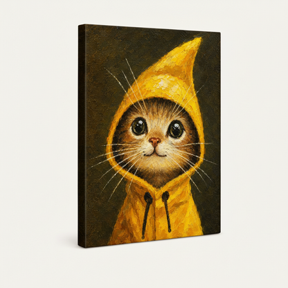 Gallery-wrapped canvas of kitten in yellow raincoat, angled 3D product view on cream background