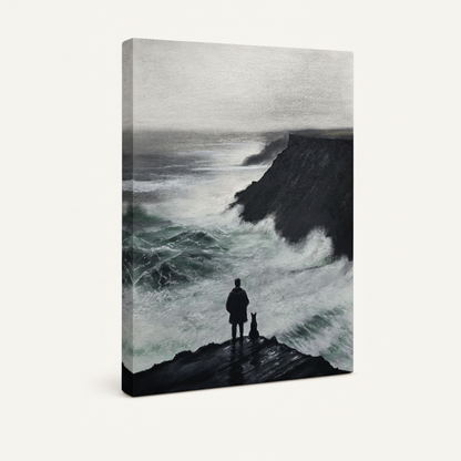 Gallery wrapped canvas of man and dog on cliff edge, angled 3D product view