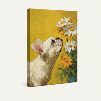 French Bulldog floral oil painting canvas wrap shown at angle on white background highlighting thick gallery-wrap edges