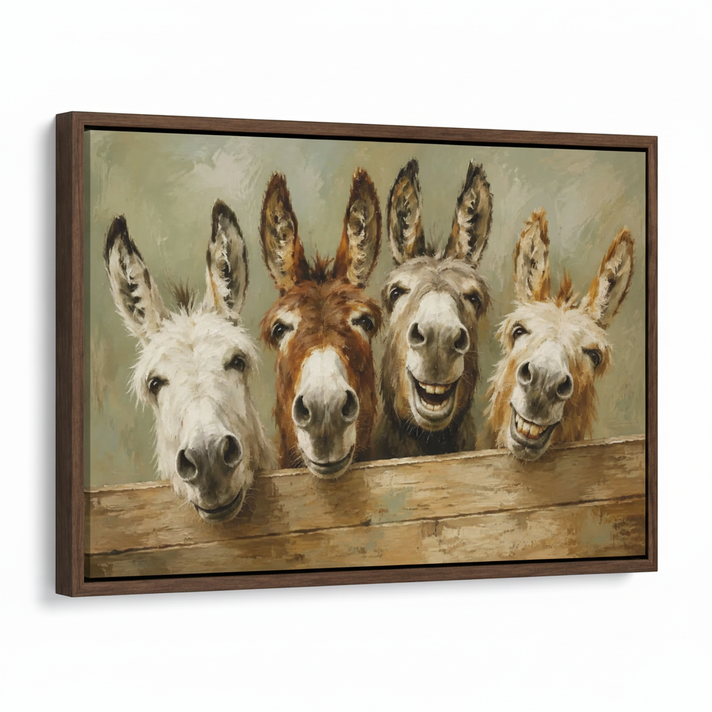 Funny donkey canvas print in dark walnut float frame angled product view on white background