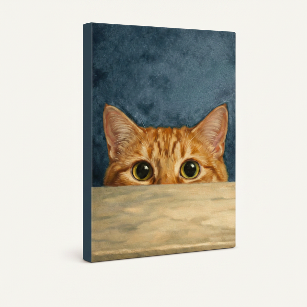 Gallery-wrapped canvas of expressive oil painting peeking cat with big green eyes on textured blue backdrop