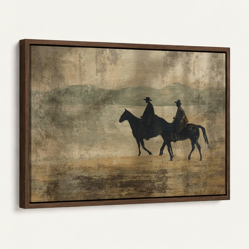 Dark walnut float-framed western cowboys canvas print at 45-degree angle on white background