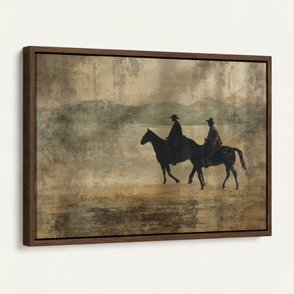 Dark walnut float-framed western cowboys canvas print at 45-degree angle on white background