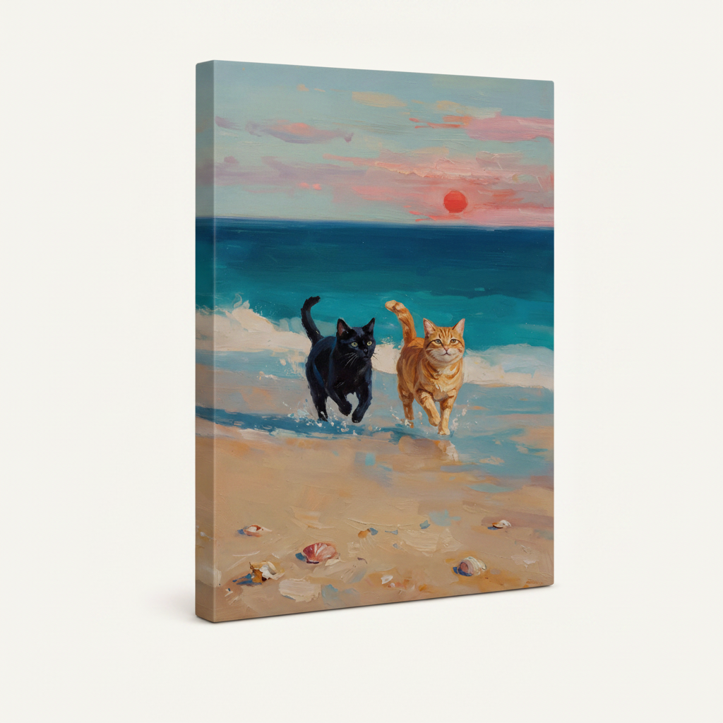  Gallery-wrapped beach sunset cats canvas print side angle showing clean wrapped edges