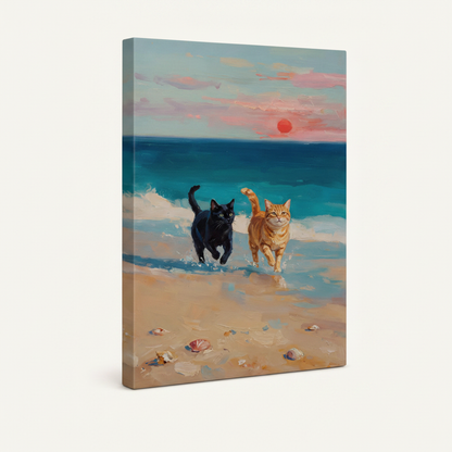  Gallery-wrapped beach sunset cats canvas print side angle showing clean wrapped edges