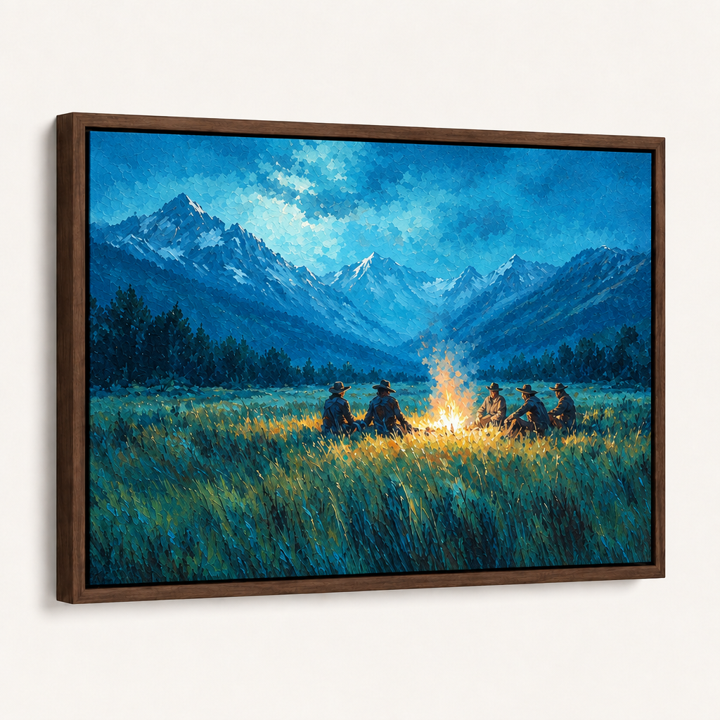 Framed mountain campfire canvas wall art in a dark walnut frame on a white background