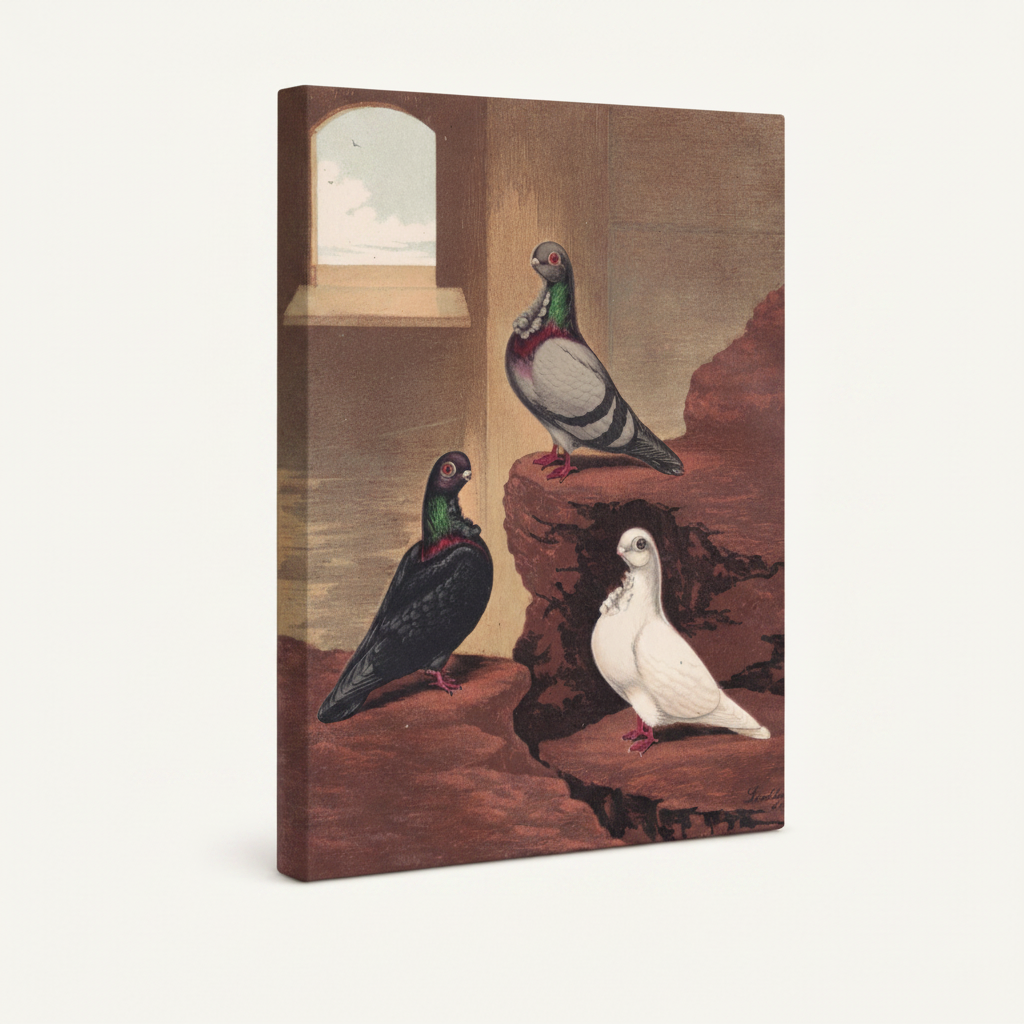 Angled view of vintage bird canvas art gallery-wrapped with thick edges on a clean white background
