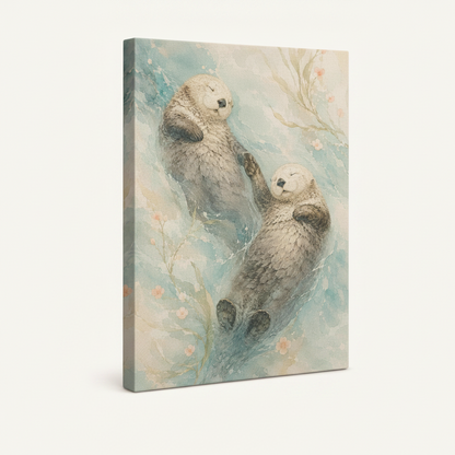 Gallery-wrapped sea otter canvas print shown at an angle on a white background revealing thick side profile