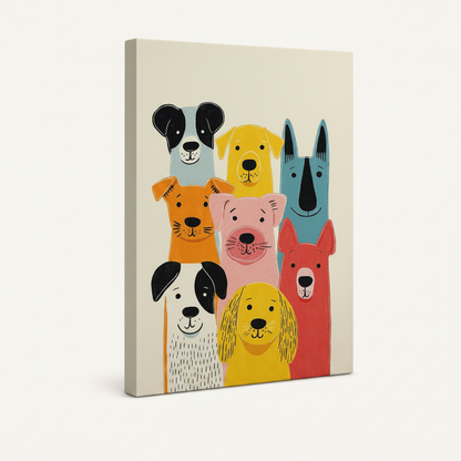 Gallery-wrapped canvas side view showing colorful cartoon dogs on cream background with thick wrap edges
