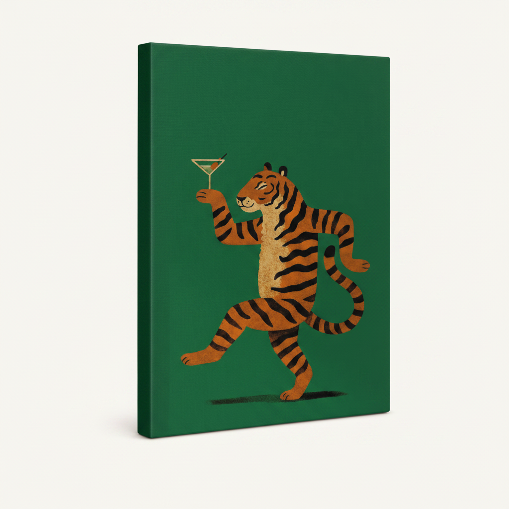 Gallery wrapped canvas print of a martini tiger illustration on emerald green background, angled view