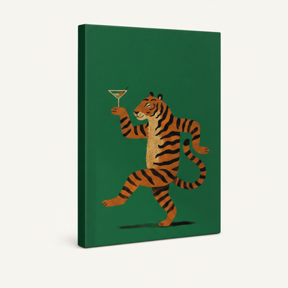 Gallery wrapped canvas print of a martini tiger illustration on emerald green background, angled view