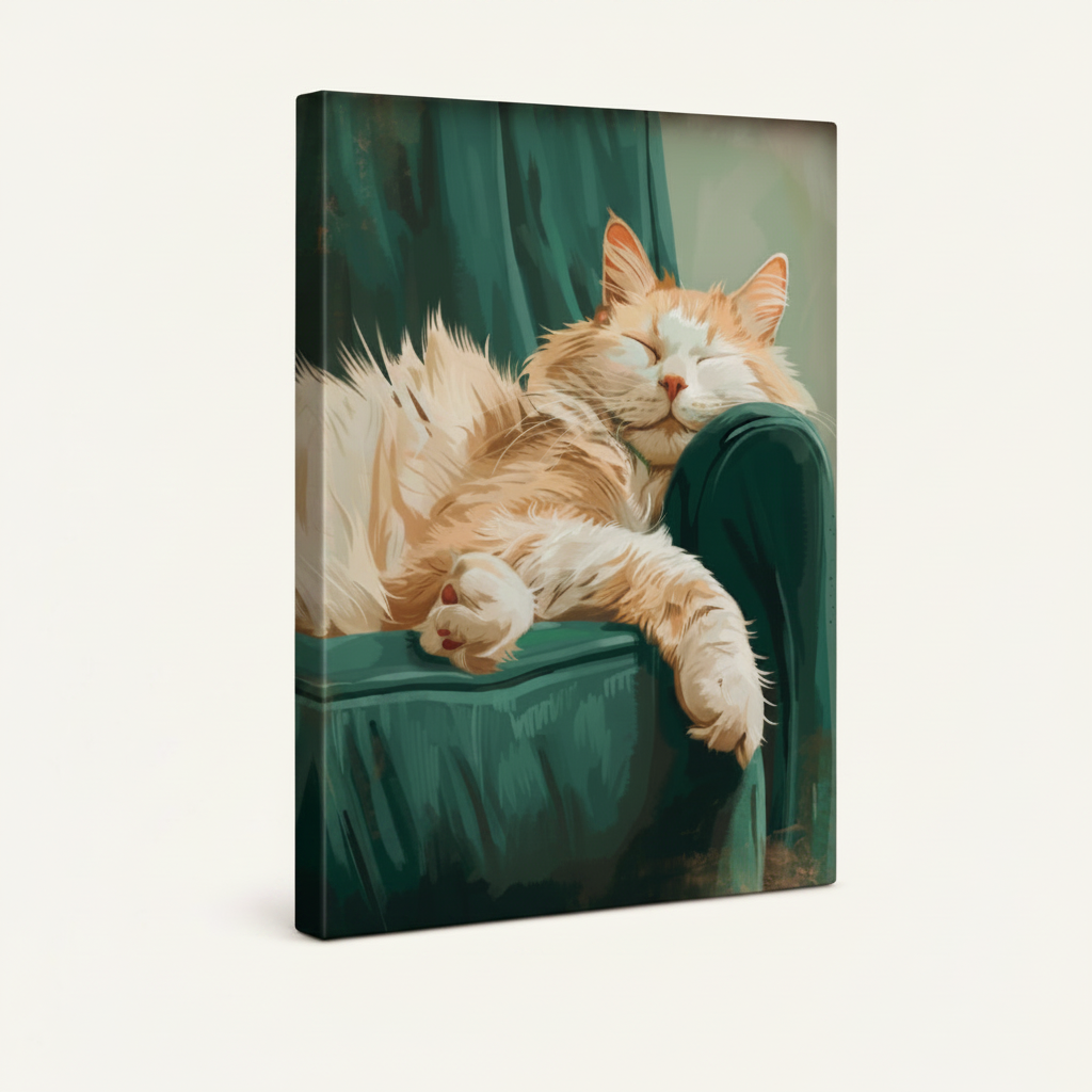 Gallery wrapped canvas print of sleeping orange tabby cat on teal velvet chair, studio product shot