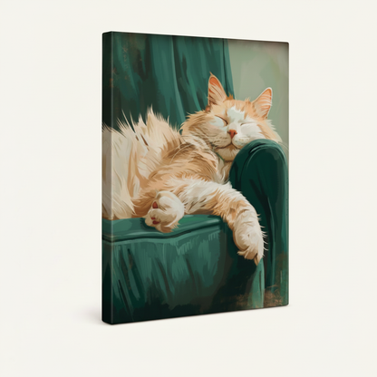Gallery wrapped canvas print of sleeping orange tabby cat on teal velvet chair, studio product shot