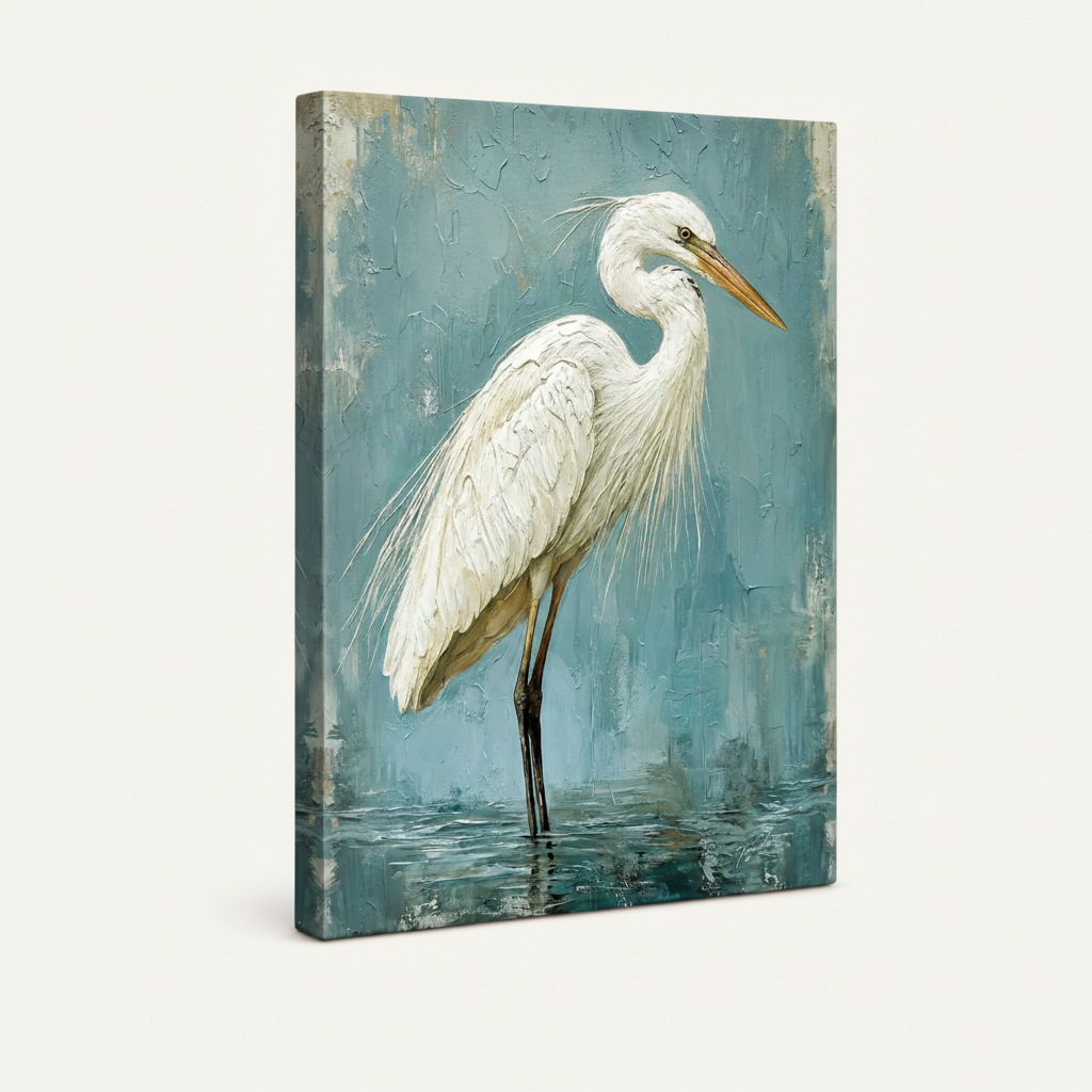 Gallery-wrapped egret canvas print shown at angle on white background, painting wraps around edges