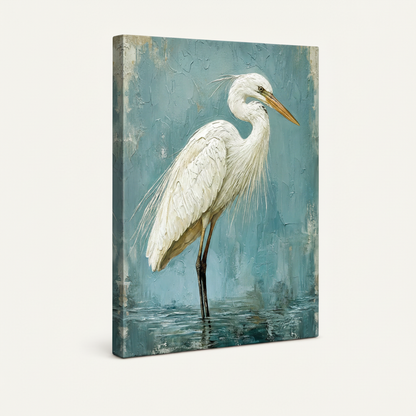 Gallery-wrapped egret canvas print shown at angle on white background, painting wraps around edges