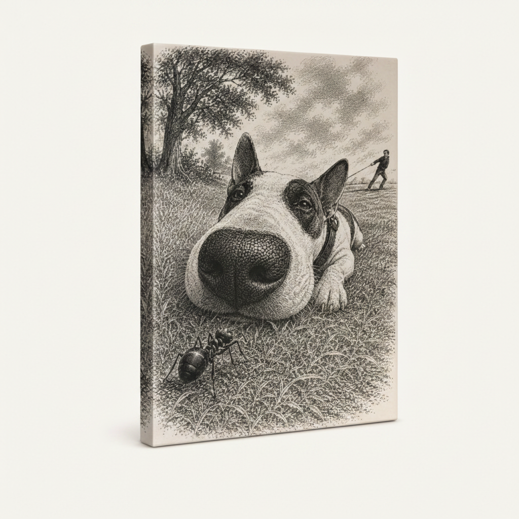 Bull Terrier ant engraving gallery-wrapped canvas side view showing stretcher bar depth