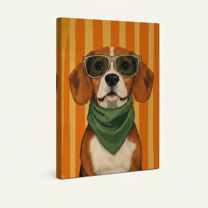 Beagle pop art gallery-wrapped canvas product photo with retro orange stripe background