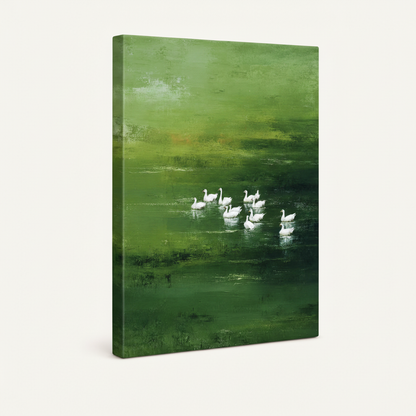 Impressionist geese gallery-wrapped canvas print side view showing thick stretcher bar depth on white background