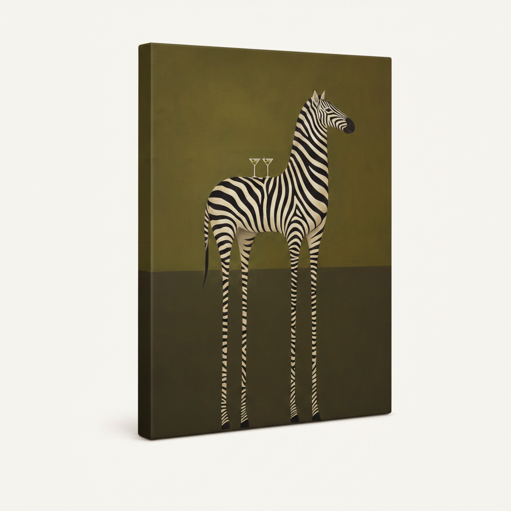 Gallery-wrapped zebra martini minimalist canvas print on white background, angled 3/4 view