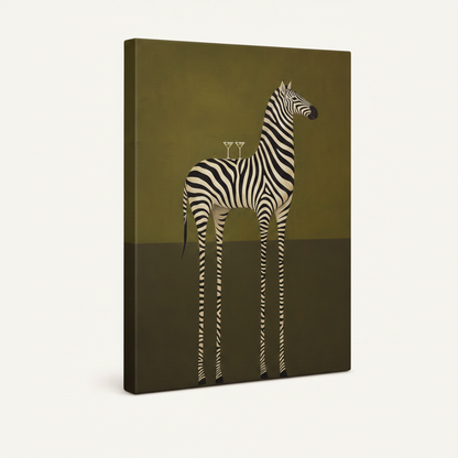 Gallery-wrapped zebra martini minimalist canvas print on white background, angled 3/4 view