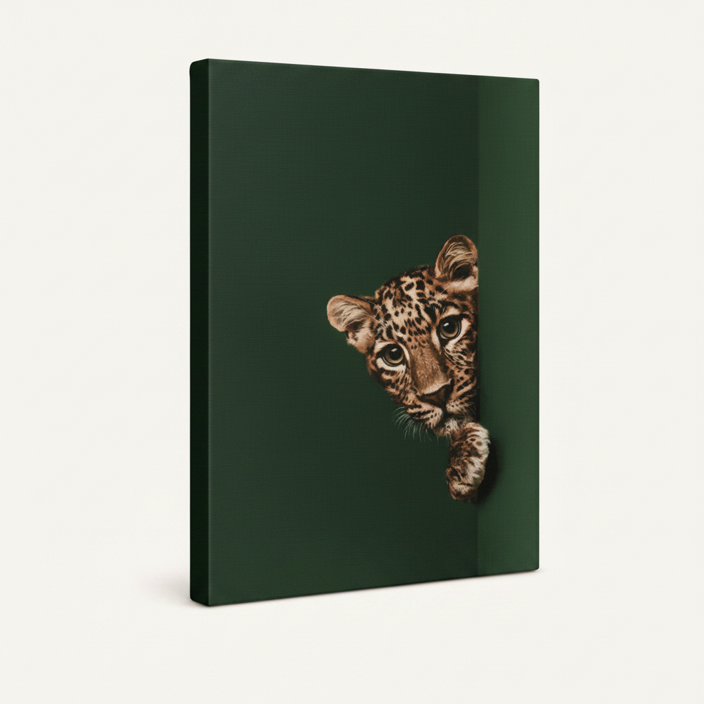 Gallery wrapped canvas of peeking leopard cub on deep green background, angled product view