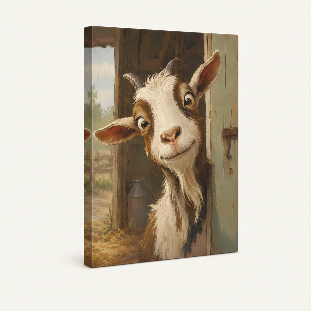 Gallery wrapped canvas print of curious goat in impasto oil painting style, portrait orientation, studio shot