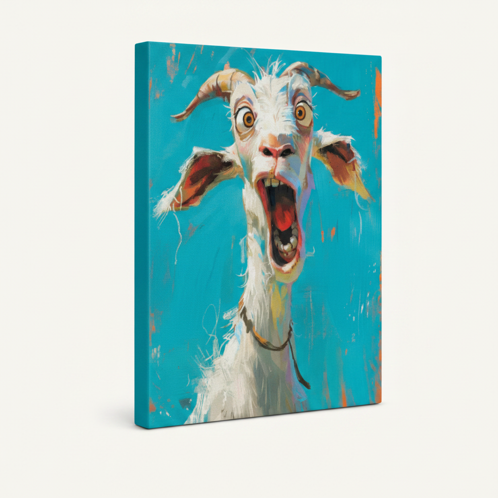 Gallery-wrapped screaming goat canvas print on white background, angled side-depth view