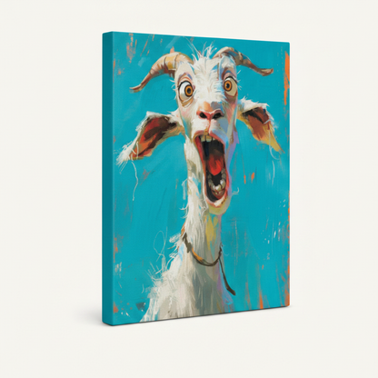 Gallery-wrapped screaming goat canvas print on white background, angled side-depth view