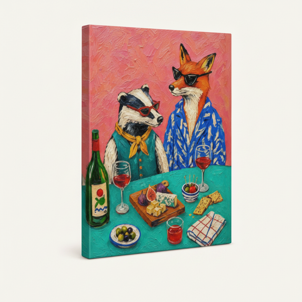 Badger fox wine party gallery-wrapped canvas product photo on cream background, side wrap visible